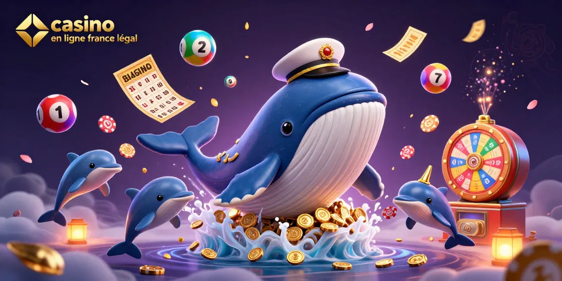 Découvrez l'excitation du casino en ligne France légal avec une scène 3D vibrante d'une baleine, d'un narval et de dauphins.