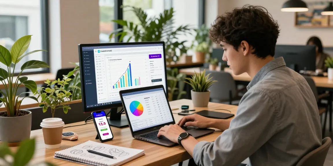 Young professional analyzing Instagram follower increase metrics in a modern co-working space.