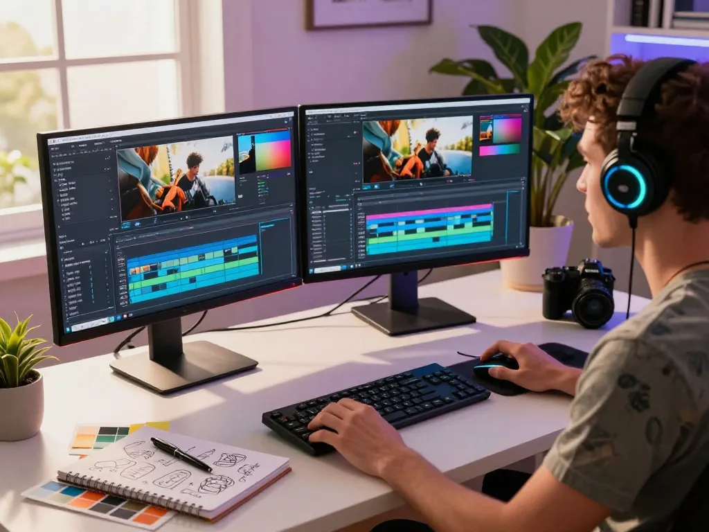 Content creator using video to promptgenerator in modern editing studio with dual monitors and creative setup.