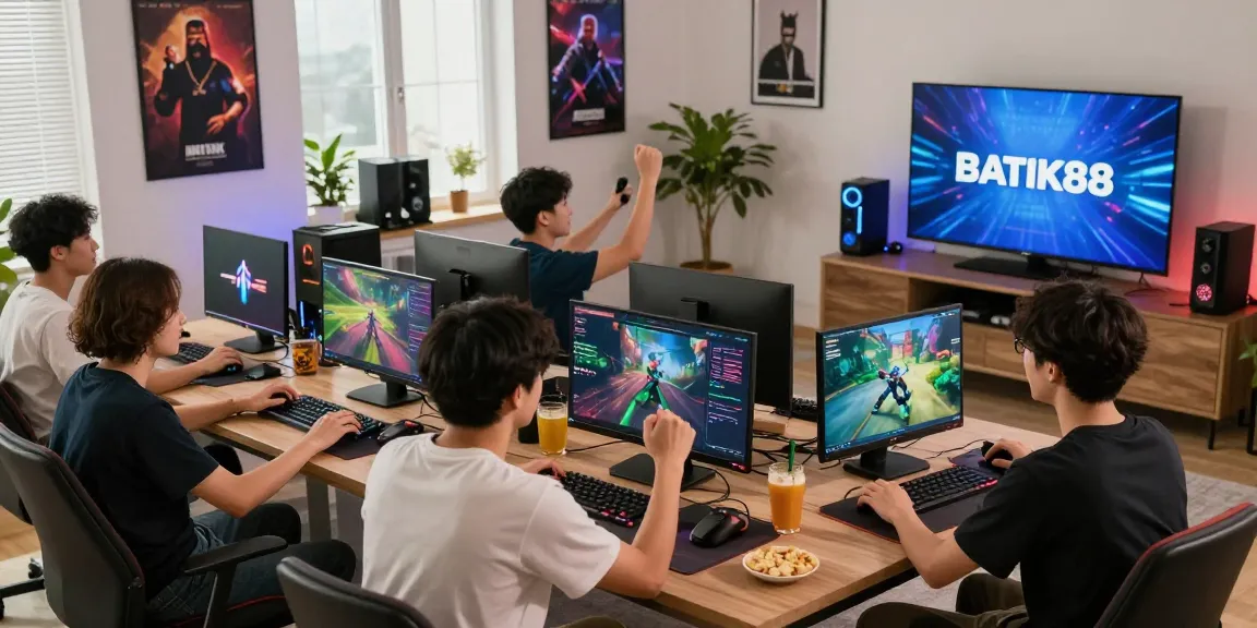 Gamer bermain di rumah dengan suasana ceria dan logo BATIK88 terlihat jelas