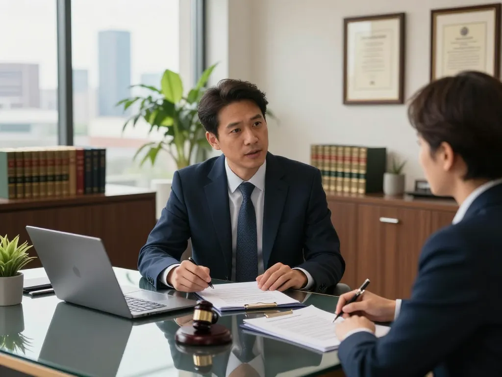 USA lawyers consulting a client in a modern office setting with legal documents.