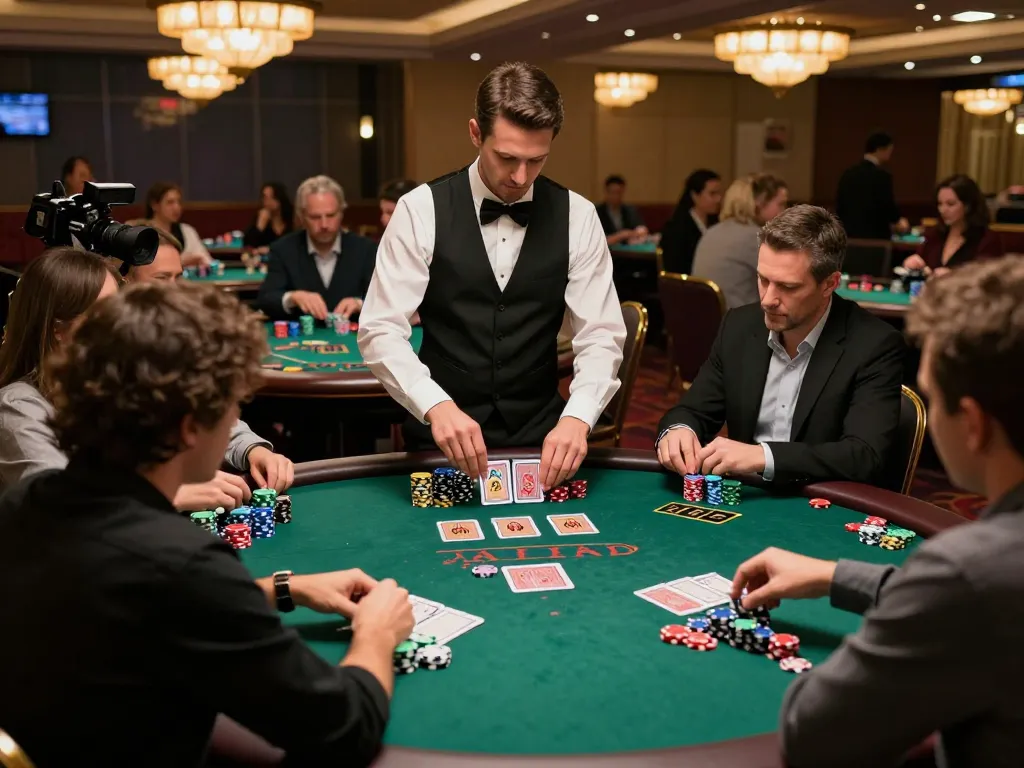 Players engaging with mm88 blackjack strategy, immersed in a high-stakes casino environment.