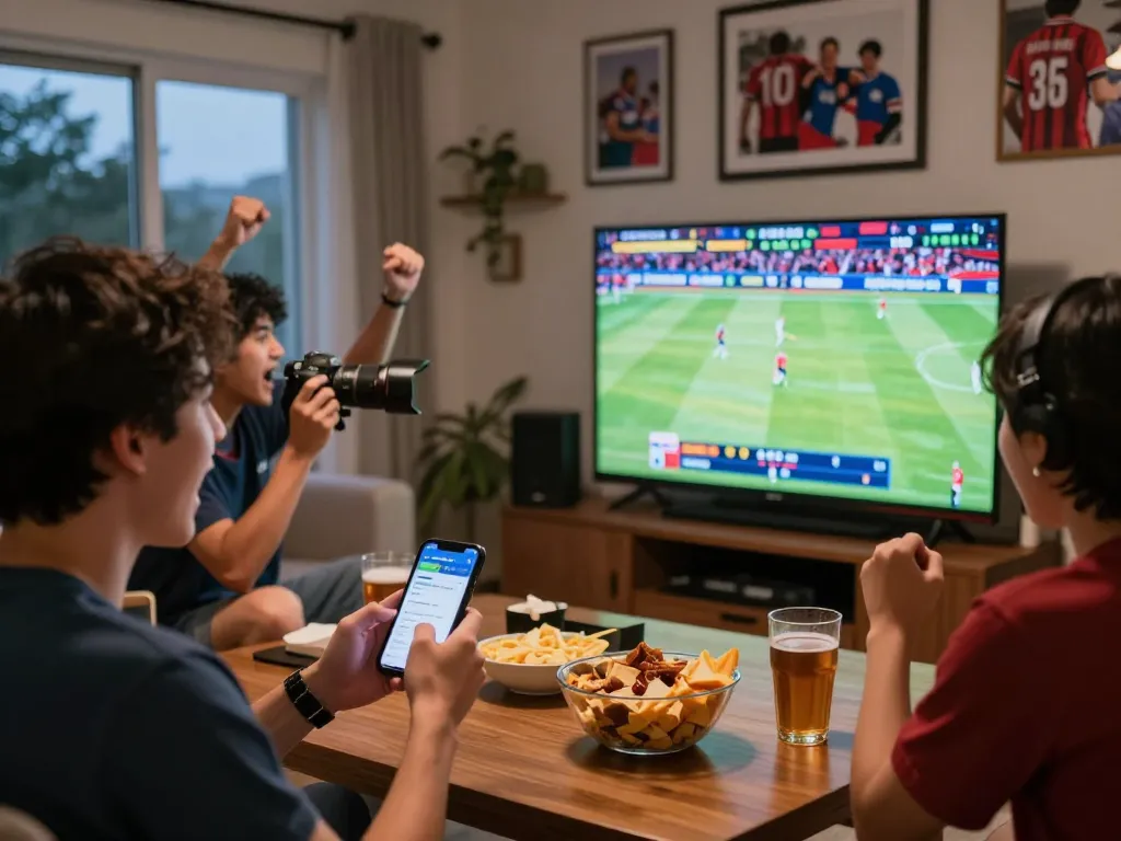Active sports betting using qh88go app during game day excitement with friends.