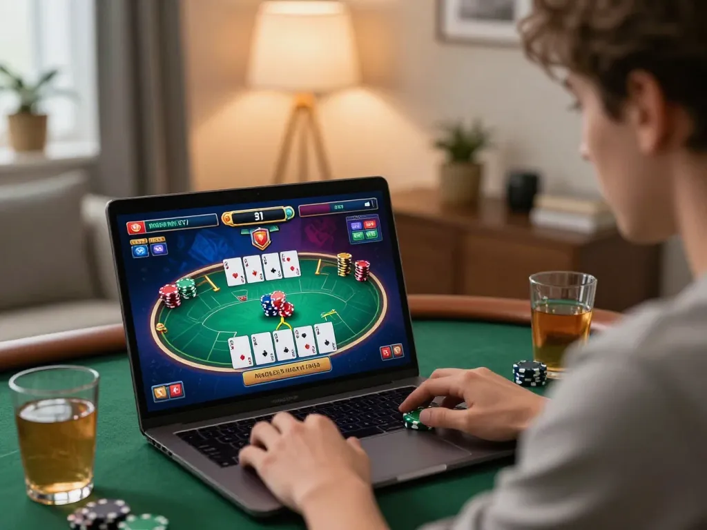 Player engaging in exciting sun win online poker game at home with colorful interface and warm atmosphere.