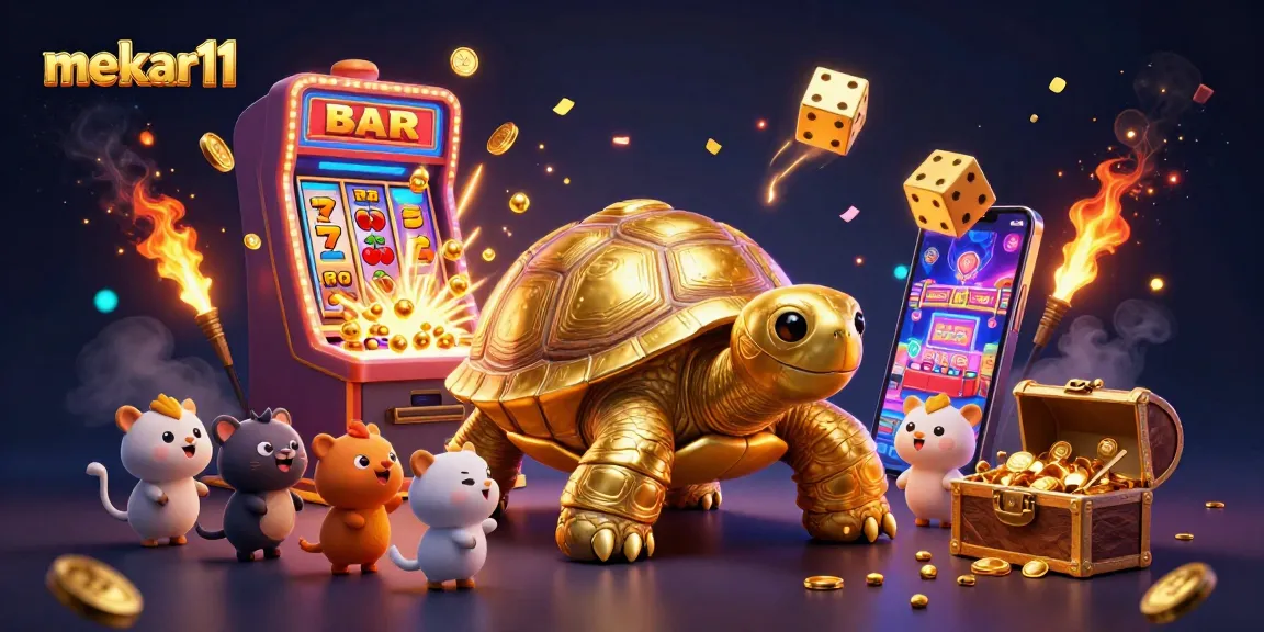 Mekar11 offers thrilling slots as a golden tortoise and animals await their chance to win big.