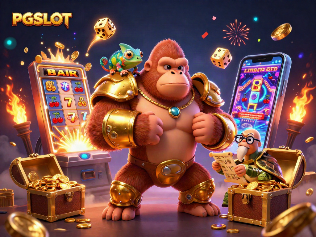Experience PG SLOT excitement with a gorilla king, chameleon spy, and ancient tortoise in 3D illustration.