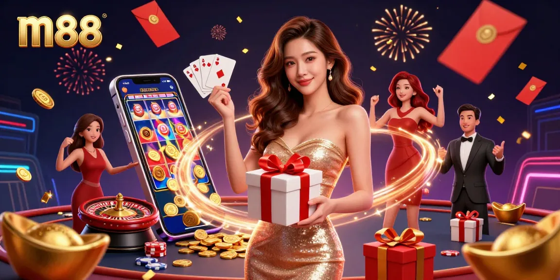 Play slot games with m88 as Asian woman celebrates with golden coins and gifts.