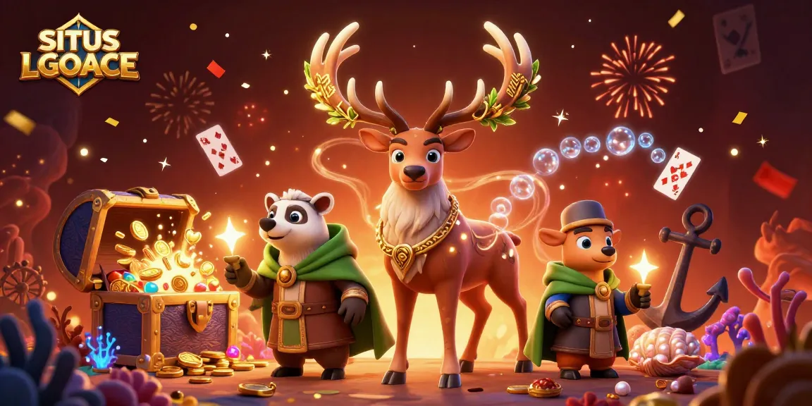 SITUS LGOACE showcases a vibrant illustration of gambling excitement with dynamic characters and treasure elements