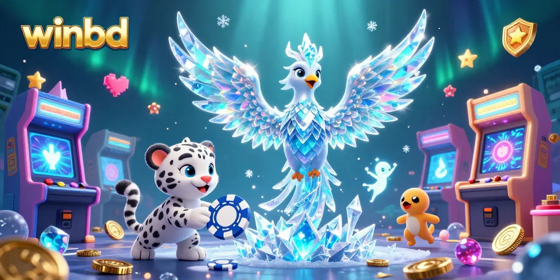 Experience thrilling casino vibes with winbd, featuring an ice phoenix, snow leopard, and glowing ice sprites.