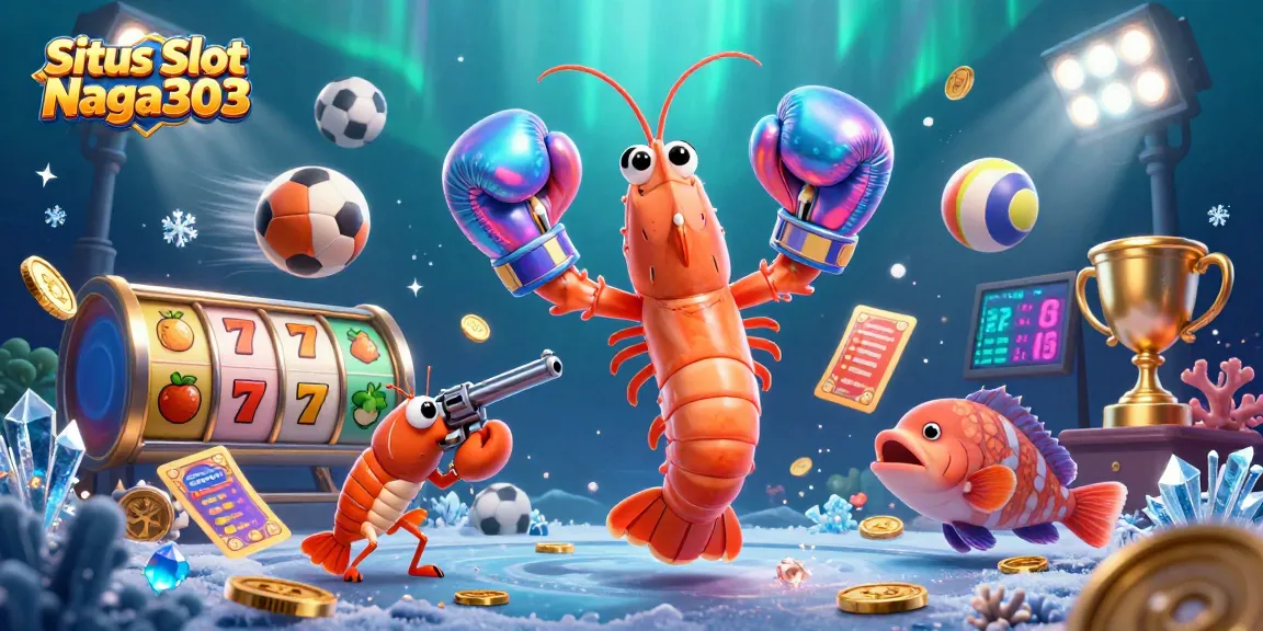 Situs Slot Naga303 showcases vibrant 3D casino action with slot reels, lucky symbols, and dynamic sports elements.