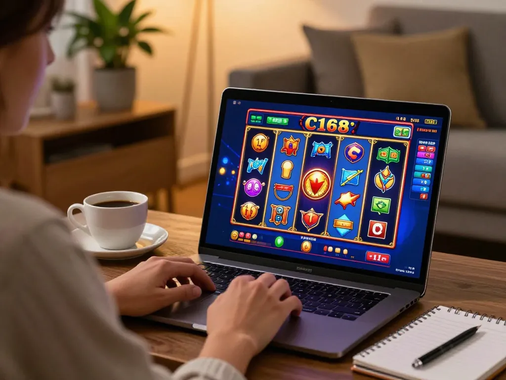 C168 player enjoying an online slot game on a laptop in a cozy home setting, illustrating strategic gameplay.