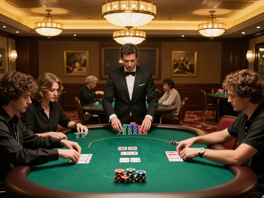 Players engaging in a strategic poker game at MM88's elite casino, showcasing chips and cards.