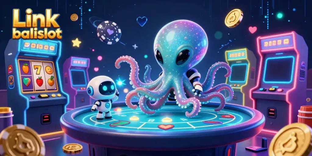 Link balislot showcases a lively 3D casino scene with an alien octopus dealing poker at a cosmic table.