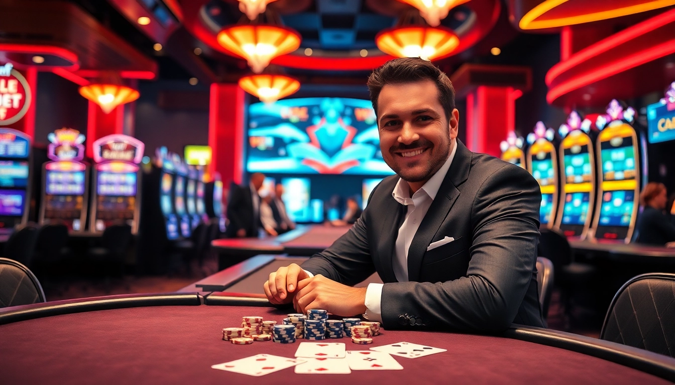 Vegas hero dealer engaging players in an upscale casino environment.