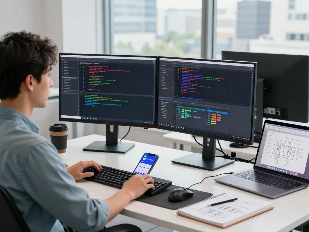 Developer coding with OpenClaw on dual monitors in a modern tech workspace.