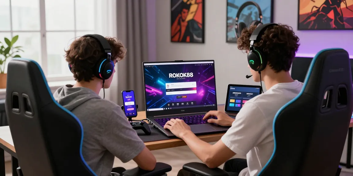 Engaged user accessing rokok88 login on a modern gaming laptop in a vibrant room filled with gaming gear and dynamic lighting.