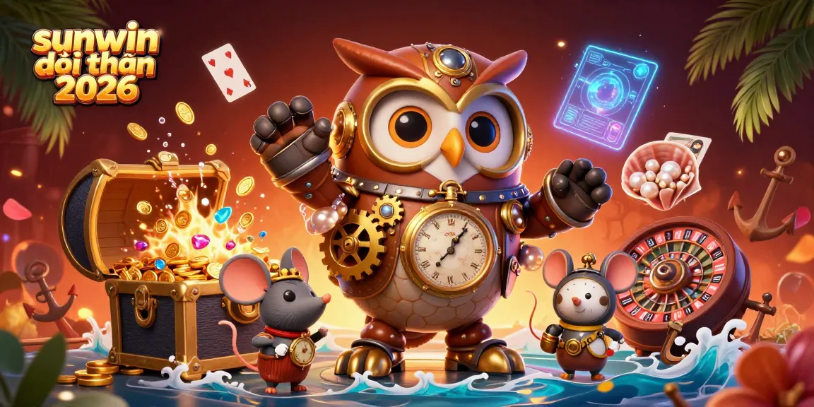 Engage with the 3D digital illustration highlighting sunwin đổi thưởng 2026, showcasing a steampunk owl and a mouse with casino elements.