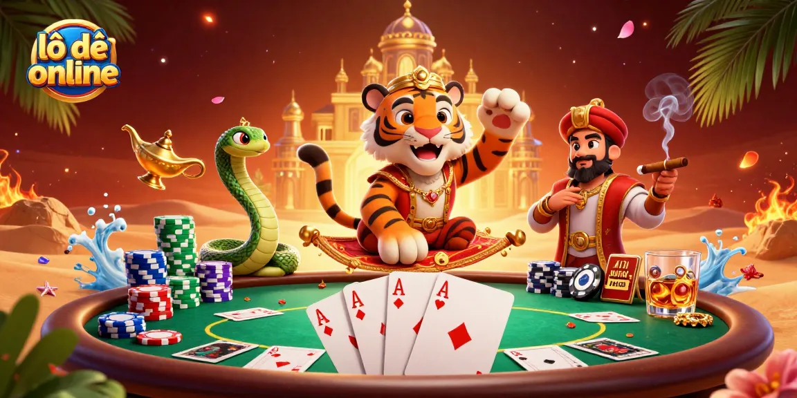 Experience the thrill of lô đề online with a dynamic casino-themed 3D illustration featuring an Arabian Nights tiger sultan.