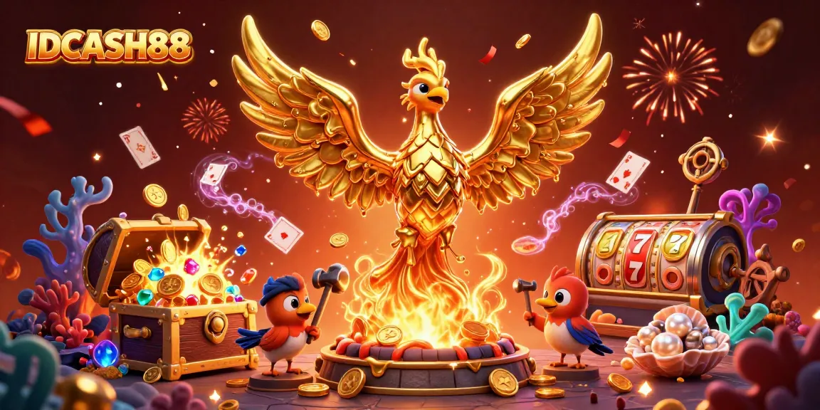 Engage with IDCASH88's thrilling slots and jackpots in an immersive 3D scene showcasing golden treasures.