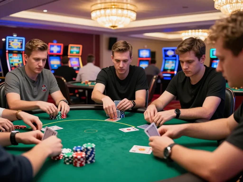 vaobet players engaged in intense poker strategy with colorful chips and cards on a green felt table.