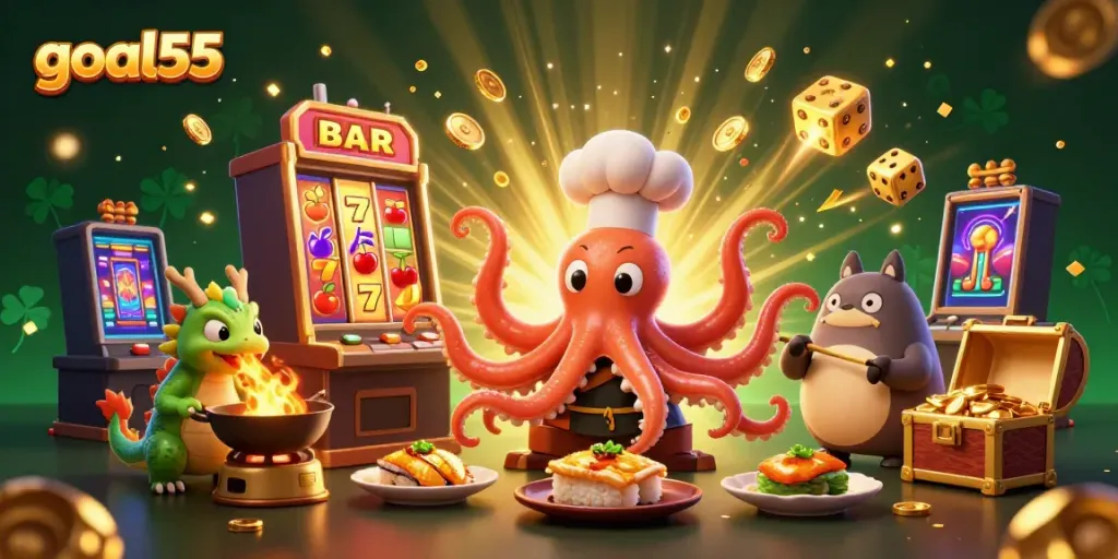 Permainan seru di goal55 dengan karakter imut seperti gurita dan naga yang menyajikan hidangan serta jackpot yang memukau.
