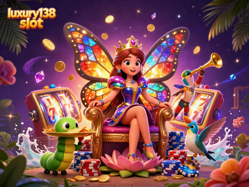 Permainan slot luxury138 slot yang menarik dengan karakter ratu kupu-kupu dan chip emas.