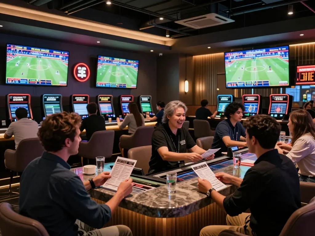 Bongdallu sports betting excitement with eager fans calculating bets in a modern lounge.