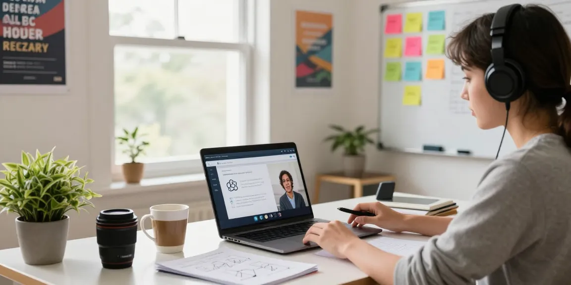 Student engaging in an online course to build React apps in a cozy home office.