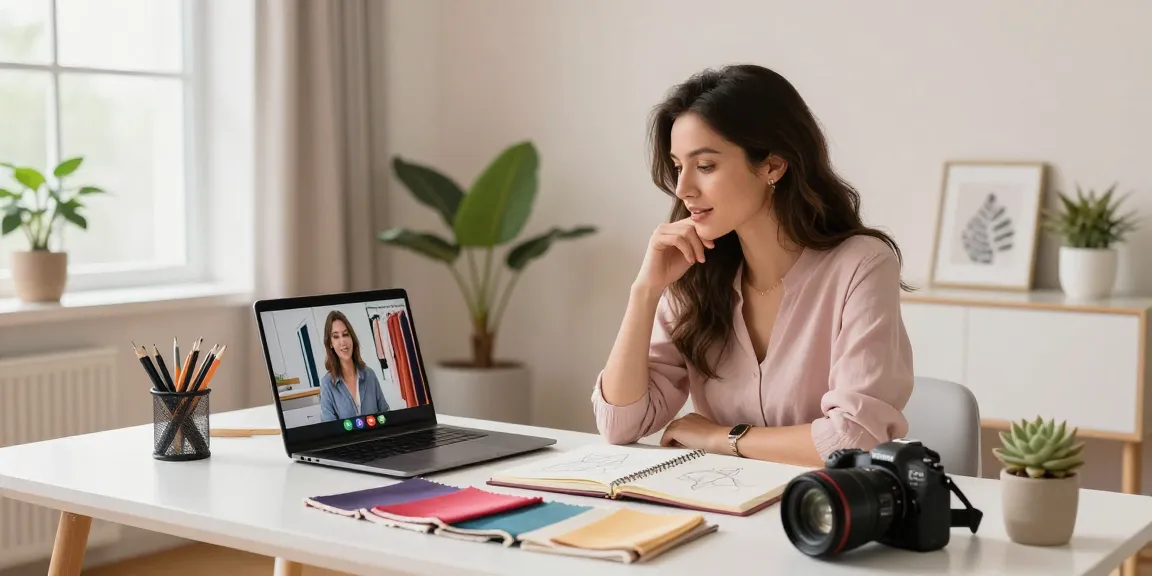 Consulenza online di Armocromia in un elegante ufficio domestico, con tessuti colorati e laptop.
