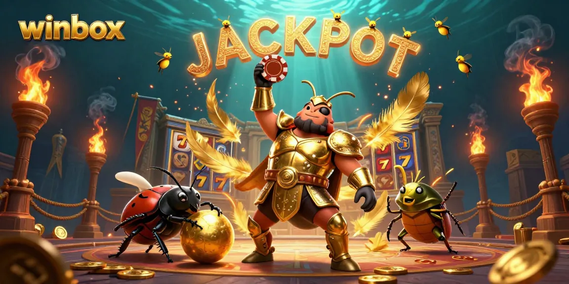 Winbox triumphantly lifting a poker chip alongside a dung beetle, surrounded by casino symbols and celebrating JACKPOT.