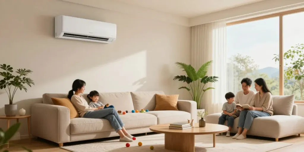 18k btu mini split air conditioner in a cozy living room with family.
