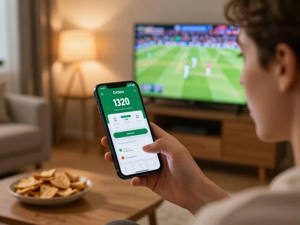 Engaged user placing bets on the Crickex app during a live cricket match, showcasing mobile betting excitement.
