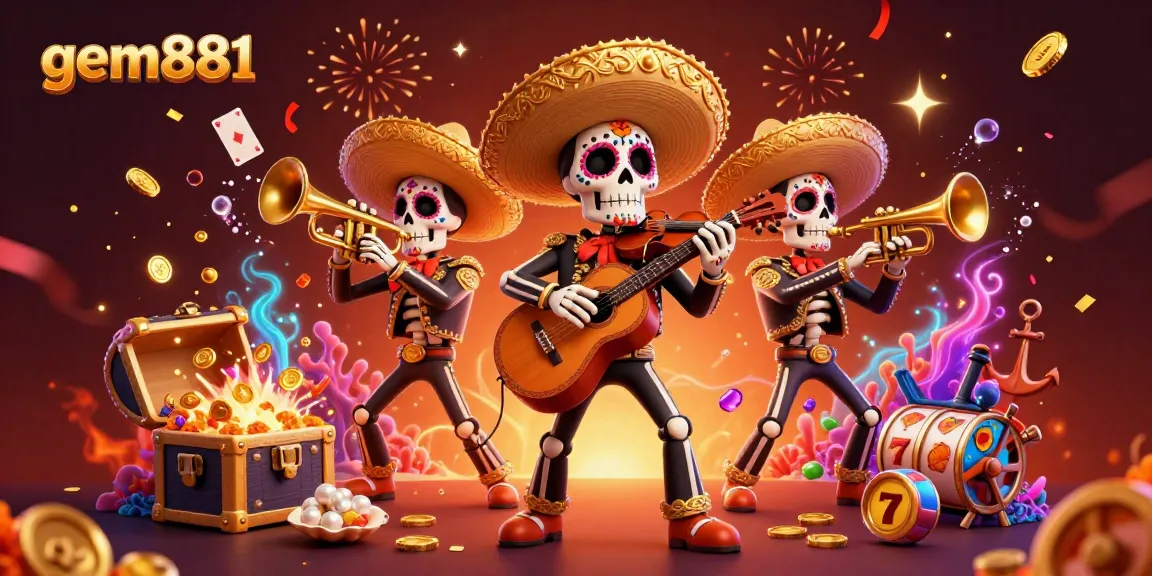 Experience gem881's vibrant casino world with a lively mariachi band and treasure-rich elements.