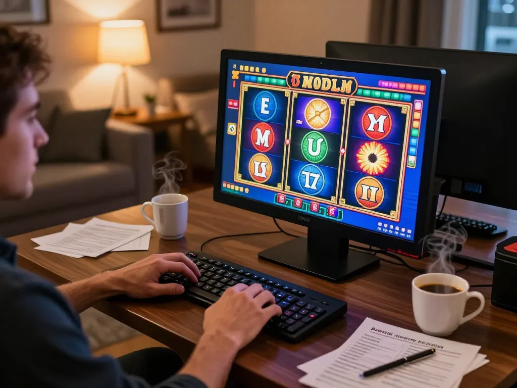 Player spinning colorful slot machines on a desktop during an online gaming session, cozy home atmosphere.