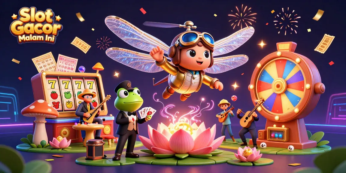 Spin to win at Slot Gacor Malam Ini with vibrant 3D casino illustration featuring lively characters.