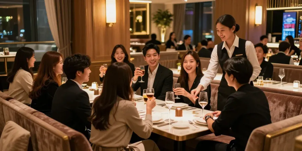 강남 타이밍에서의 세련된 저녁 분위기와 멋진 인테리어를 보여주는 고급 유흥 장면