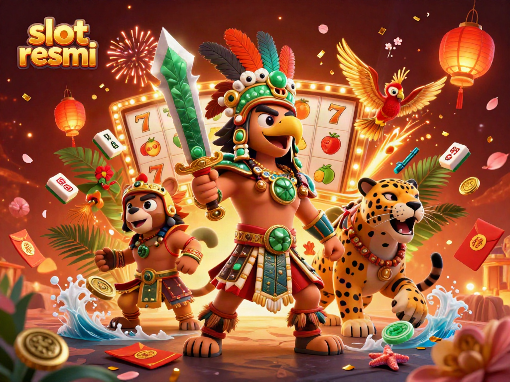 Engage with slot resmi featuring 3D Aztec warriors alongside vibrant casino elements for an immersive gambling experience.