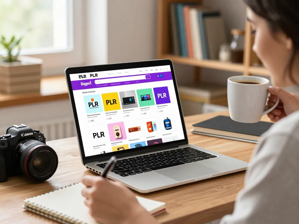 Buy PLR Products Online in a cozy home office; an enthusiastic shopper engages with vibrant digital products.