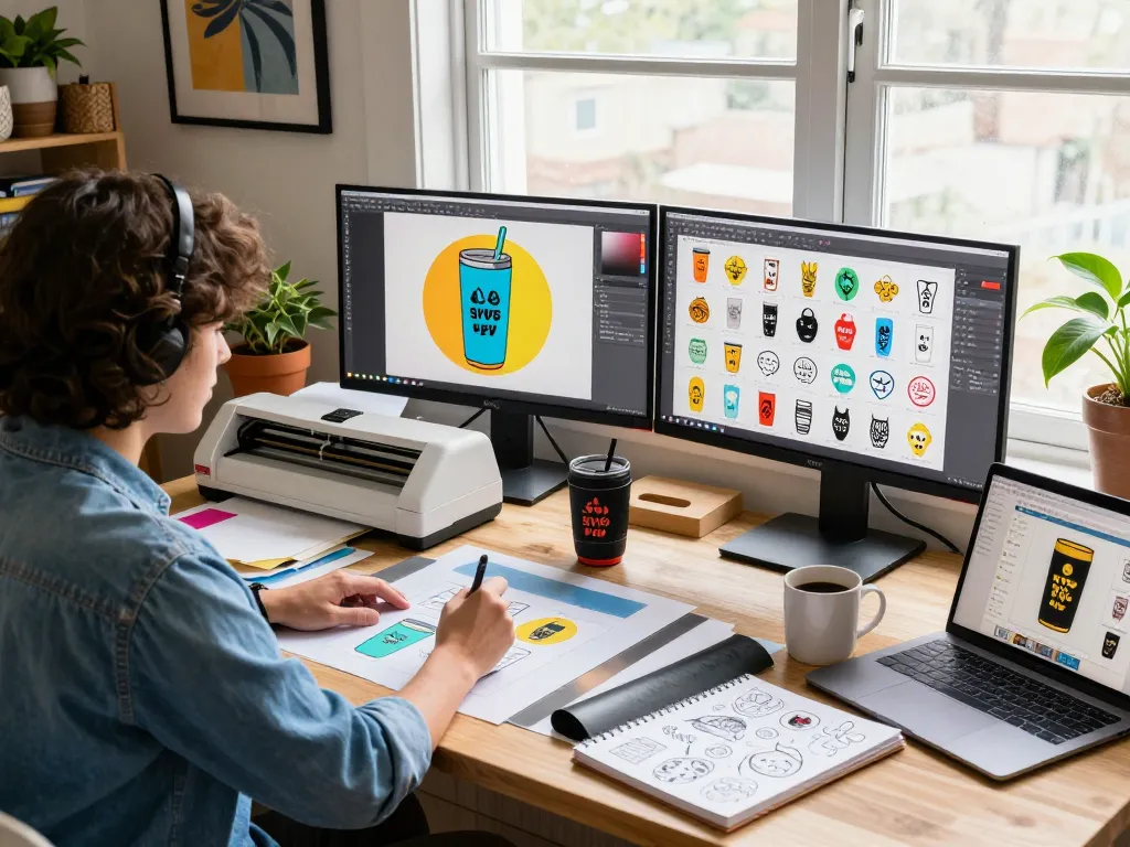 Designer crafting unique tumbler SVG bundle designs in a cozy workspace, vibrant colors and tools evident.